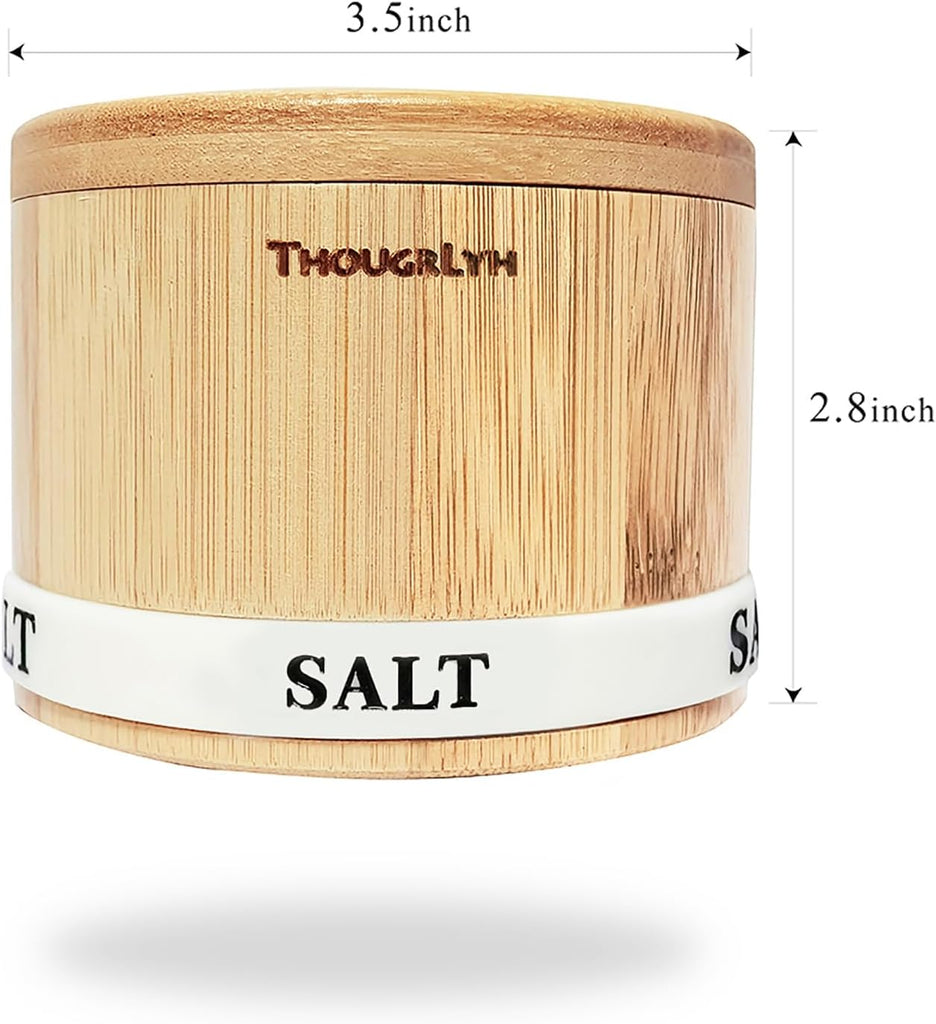 Salt Cellar with Lid, Bamboo Wood Salt Containers for Countertop