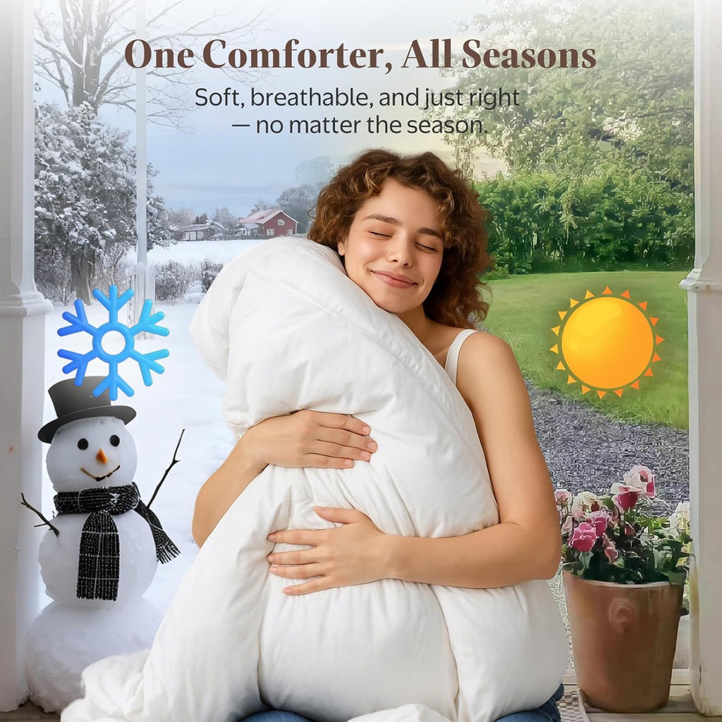 Goose Feather Down Fiber Comforter Queen - 100% Organic Cotton Shell All Season Duvet Insert, Medium