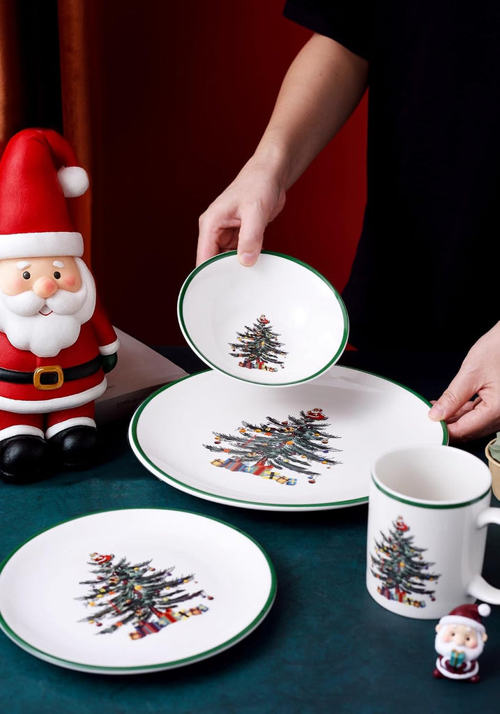 16 Piece Christmas Dinnerware Sets with Green Edge, Christmas Tree Porcelain Dinnerware Set for Xmas (4 * 10.5 Inch