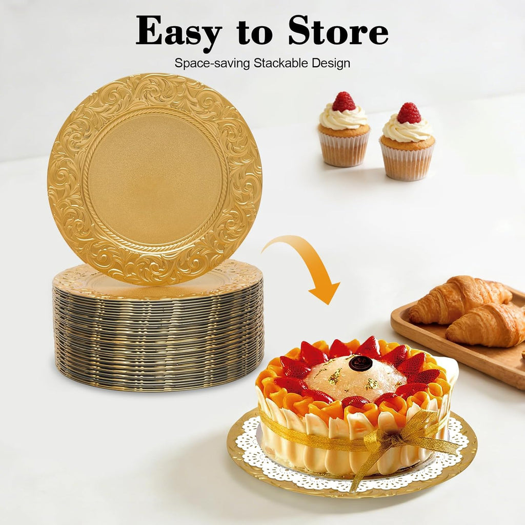 Gold Charger Plates Bulk, 13 Inch Round Charger Plate Set, Plastic Embossed Dinner Chargers Floral Plates - Set of 100