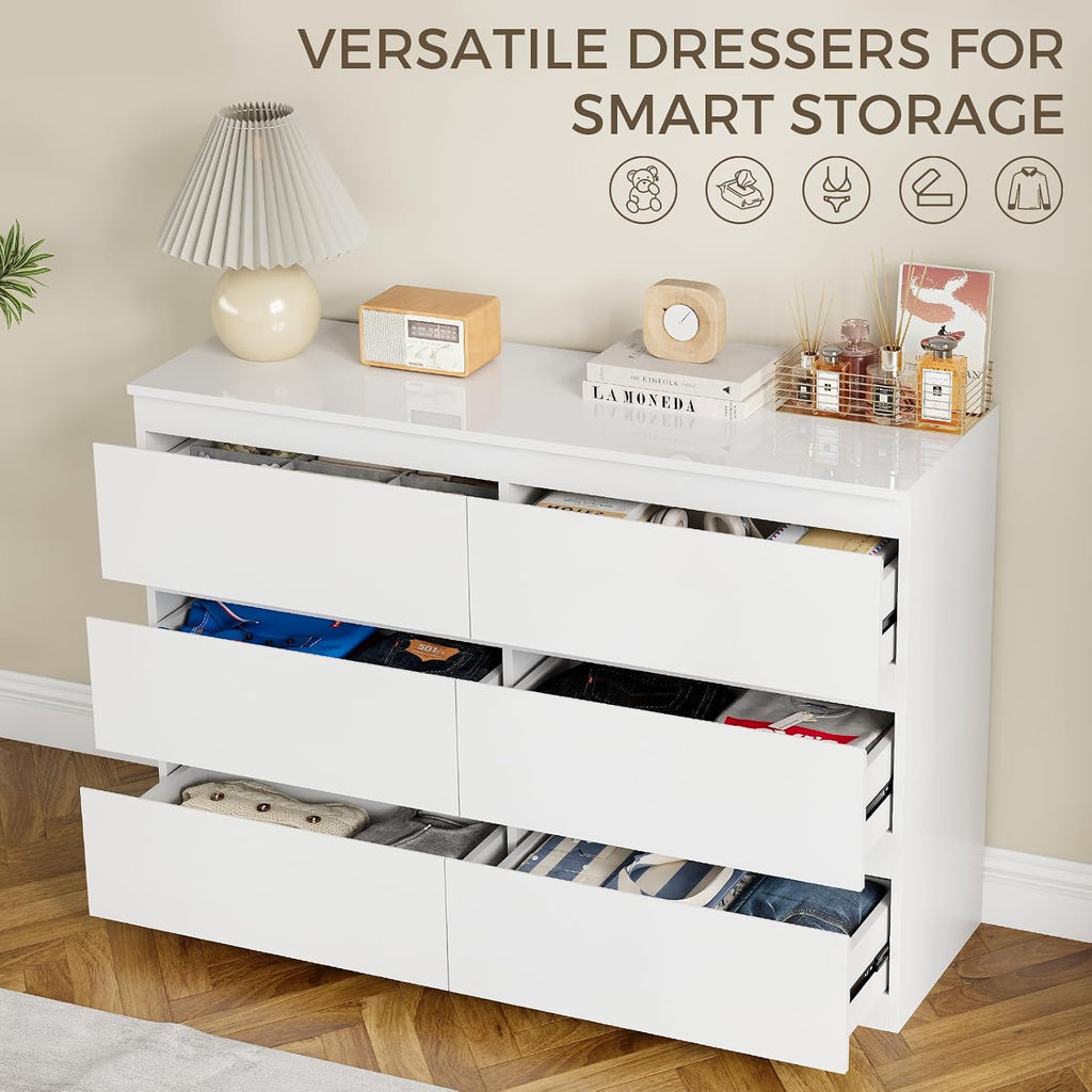 White Dresser Wood 6 Drawer Modern High Gloss | 47" Wide, Handle-Free, long, TV Stand, Storing CLothes, Dressers &