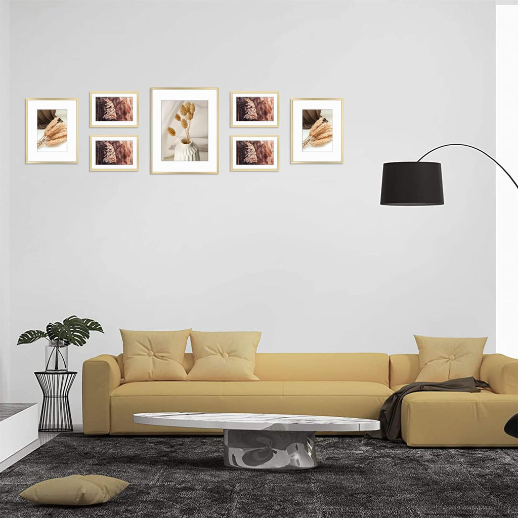 7 Pack Gold Aluminum Frame with White Mat, Real Glass