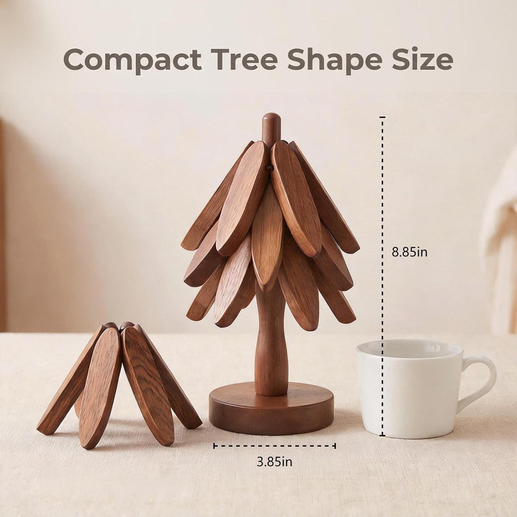Wooden Trivets for Hot Dishes, 3 Wooden Tree-Trivet Set, Wood Coasters Like Christmas-Tree - Set of 4