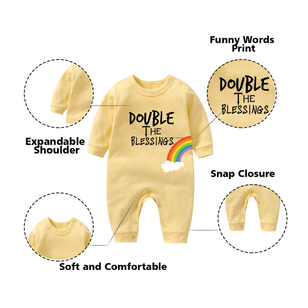 2-Pack Baby Twins Bodysuits Double The Blessings Rainbow Infant Clothes Unisex Twin Romper With Hat(yellow )