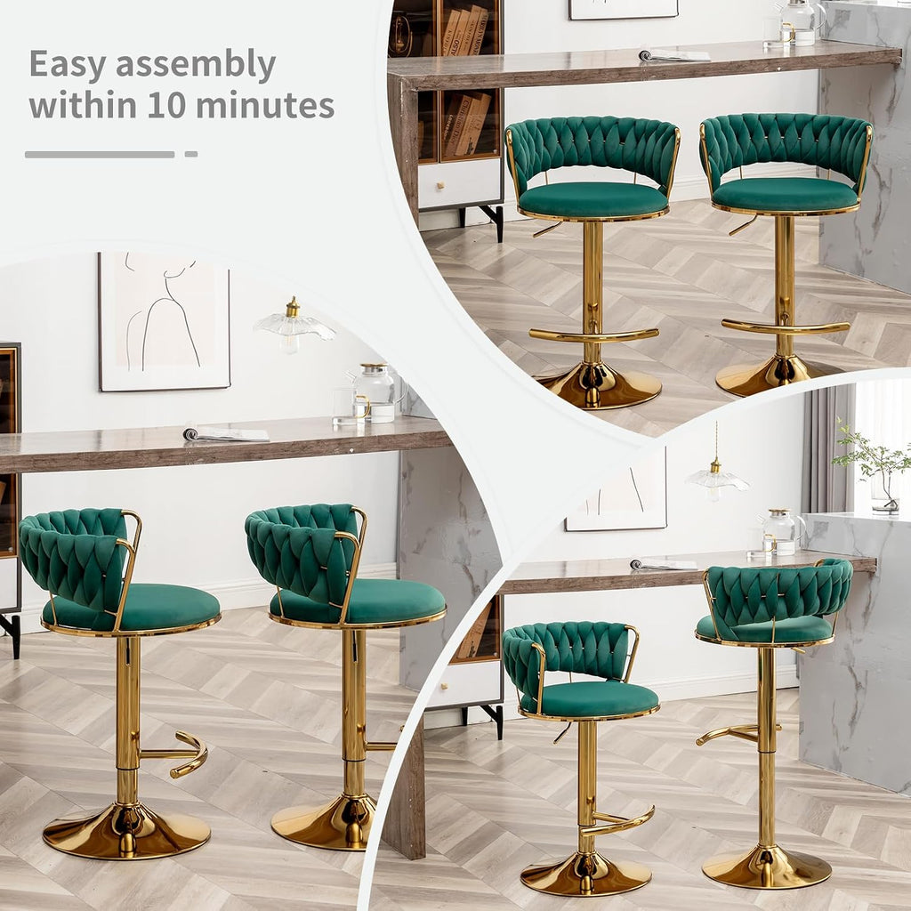 Gold Bar Stools Set of 4, Counter Height Bar Stools with Low Back, Velvet Adjustable Height Barstools, 360° Swivel
