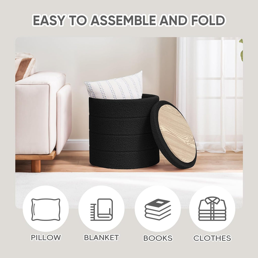 Round Storage Ottoman Foot Rest Stool with Tray Velvet Sherpa Folding Storage Ottoman,Boucle Foot Rest ,Black Color