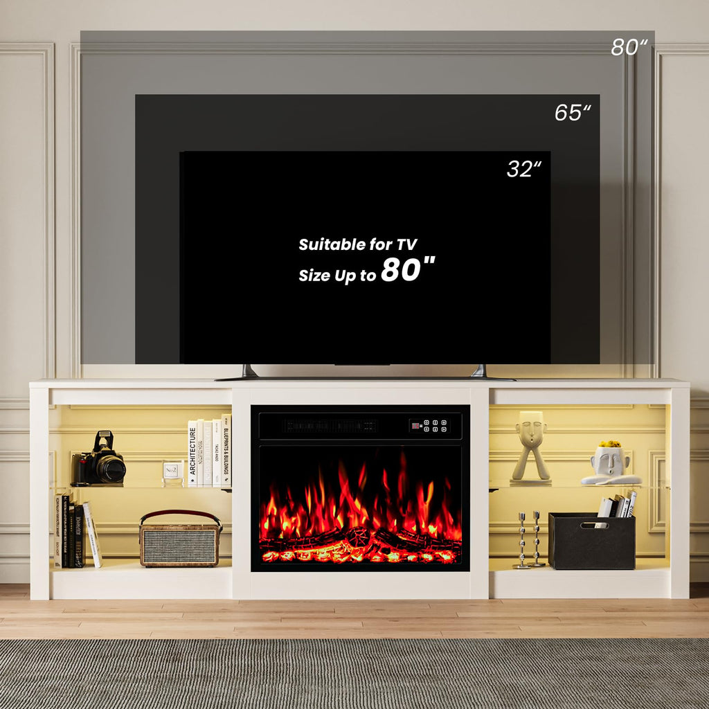 70 Inch Fireplace TV Stand for TVs up to 80 Inch with 23" Electric Fireplace, Modern Entertainment Center with Glass
