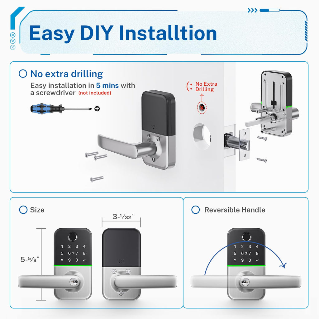 Keypad Smart Door Lock with Handle: Keyless Entry Door Lock - Smart Lock for Front Door - Electronic Door Lock with