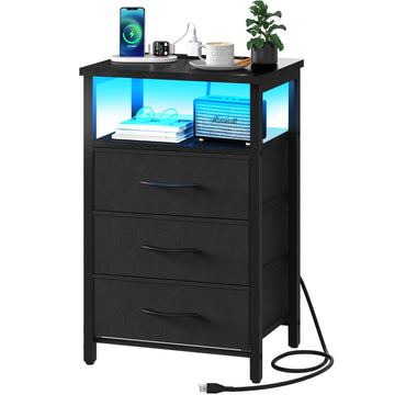 Night Stand with Charging Station, Black Nightstand with 3 Fabric Drawers and Storage Shelf, LED End Table with USB