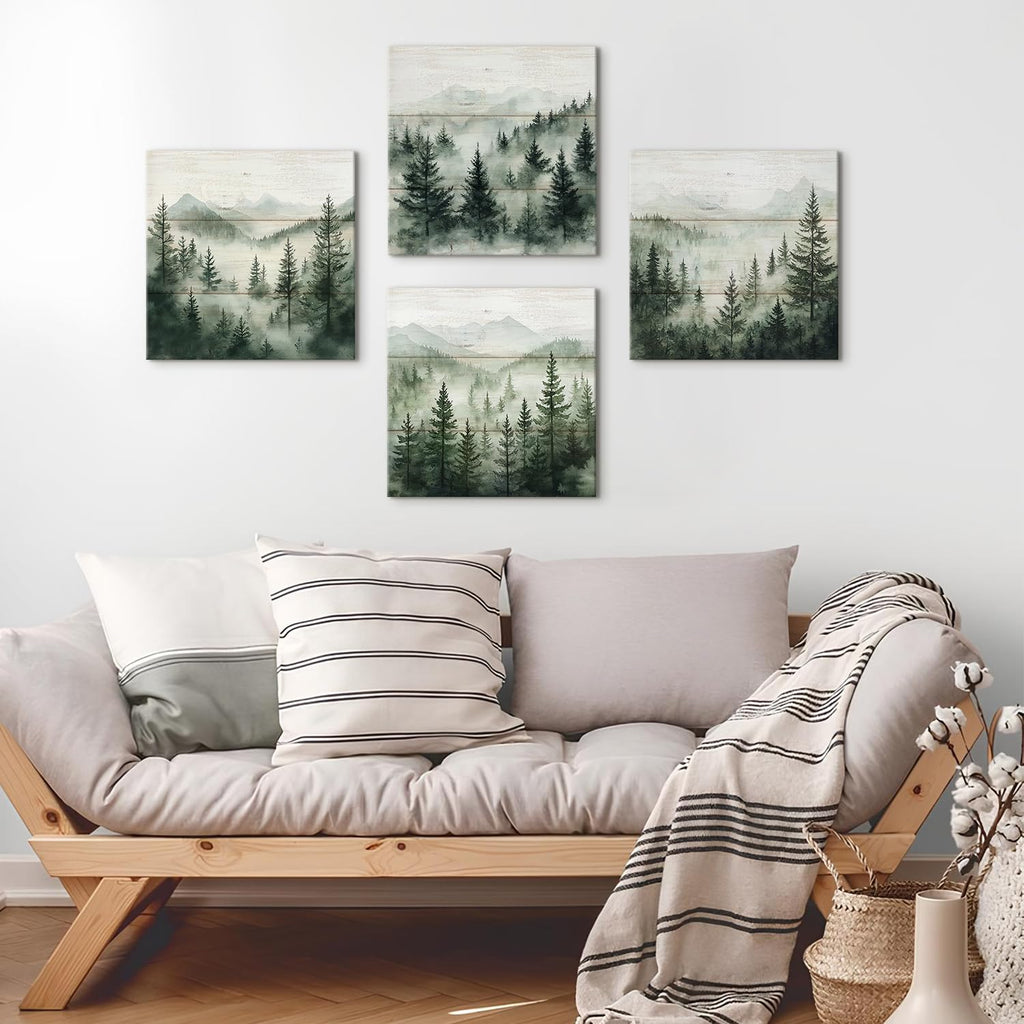 Green Forest Wall Art Nature Foggy Mountains Landscape Pictures Misty Forest Bathroom Decor Pine Tree Wall Art