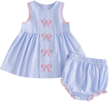 Baby Girl Summer Outfit Bow Embroidered Sleeveless Striped Tank Tops and Ruffle Bloomer Shorts Sets