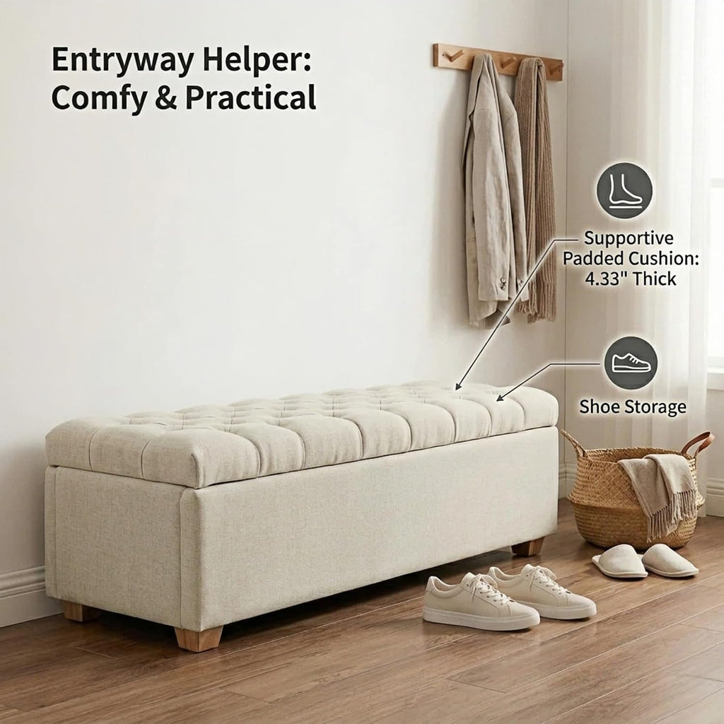 Modern Large Storage Bench Ottoman, Beige Chenille, 60 in | Oversized Long Seating, End of Foot of Bed Footstool