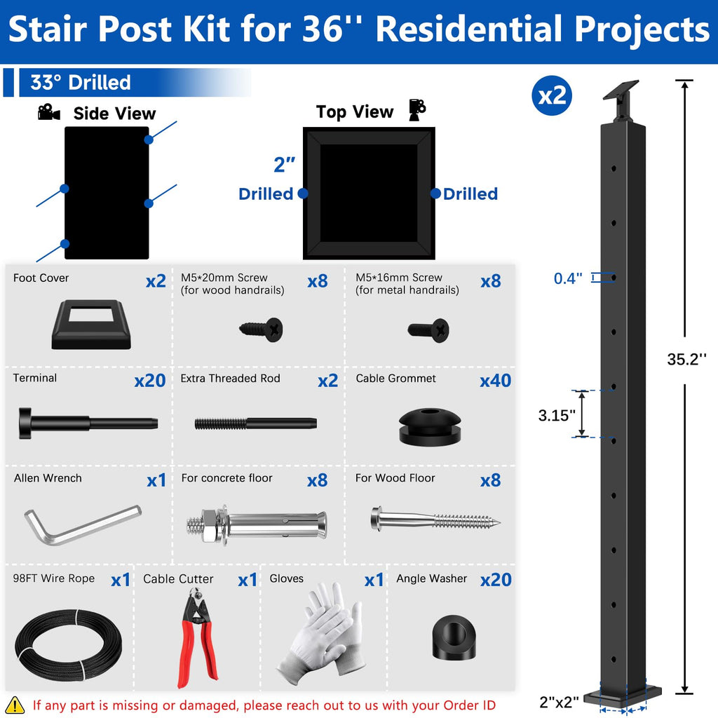 36" Modular Cable Railing Post Kit for Deck Surface Mount