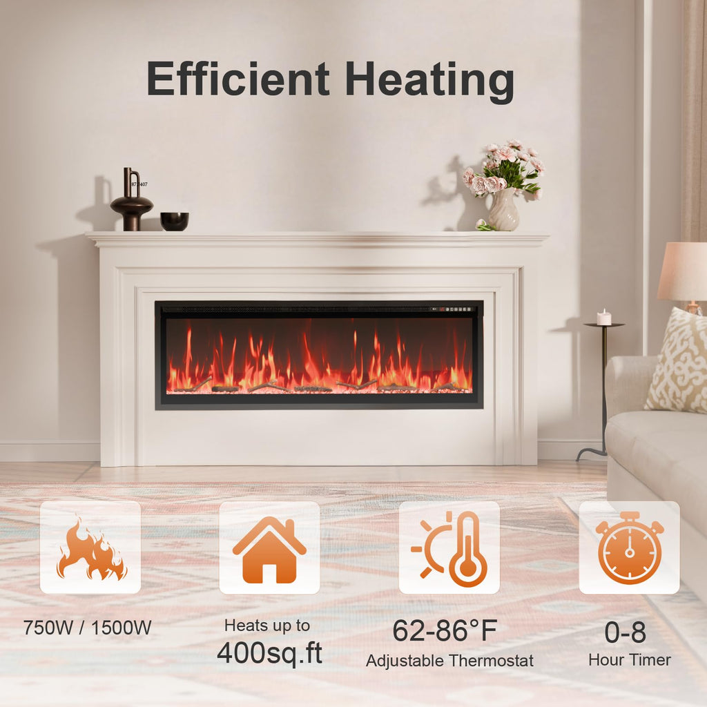 60" Smart Linear Electric Fireplace, WiFi App Voice & Remote Control