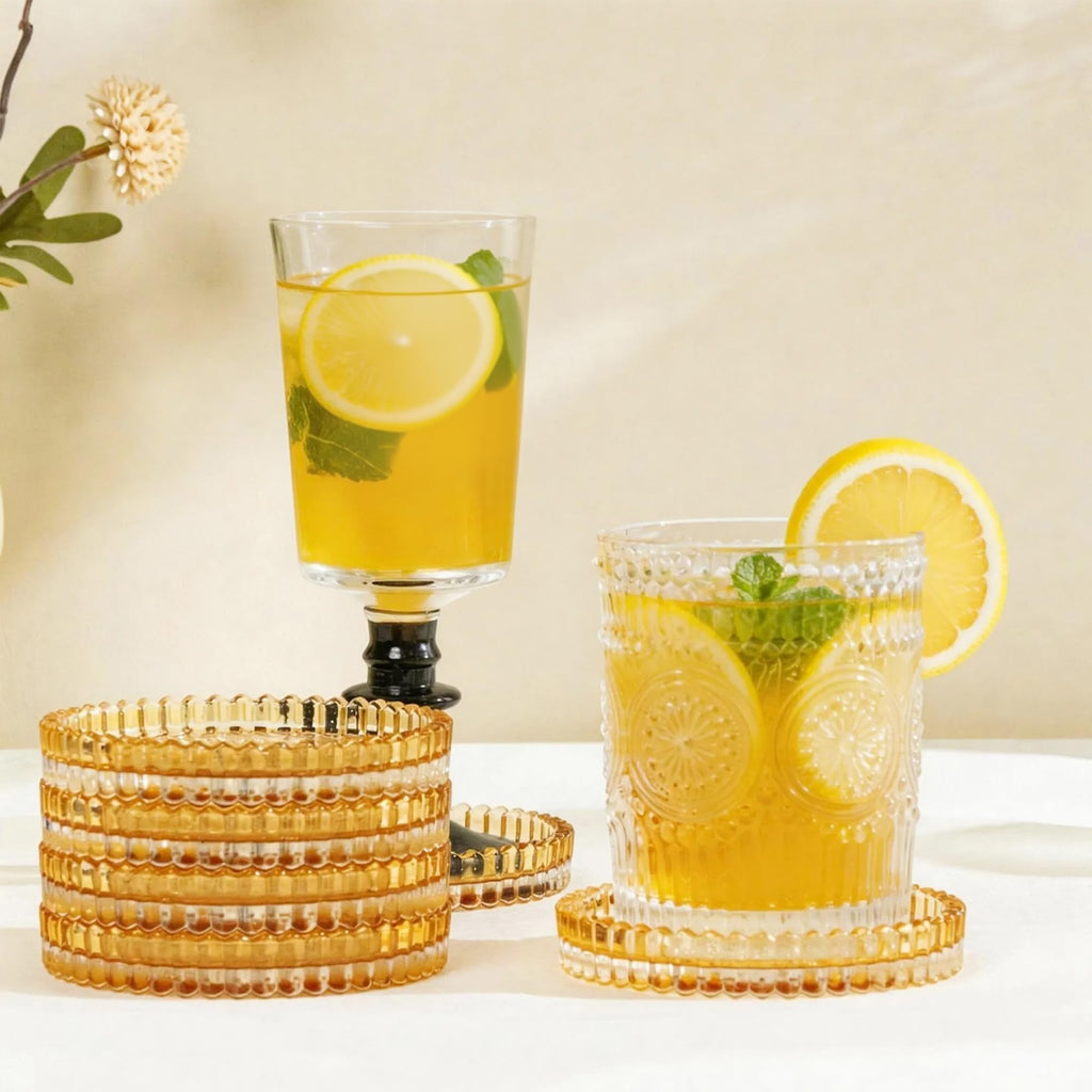Champagne Modern Clear Coaster 6-Pack Glass Coasters for Drinks with Holder
