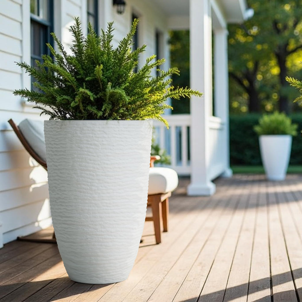 2-Pack 21" H. White Tall Planters - 14'' Dia Resin Large Round Flower Pots for Outdoor Plants Trees - Imitation Stone