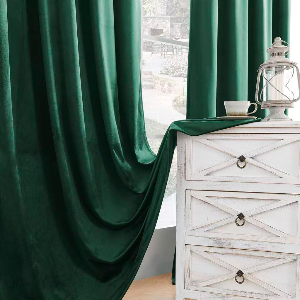 Dark Green Velvet Blackout Curtains 42x96 inches, 2Pcs, Back Tab