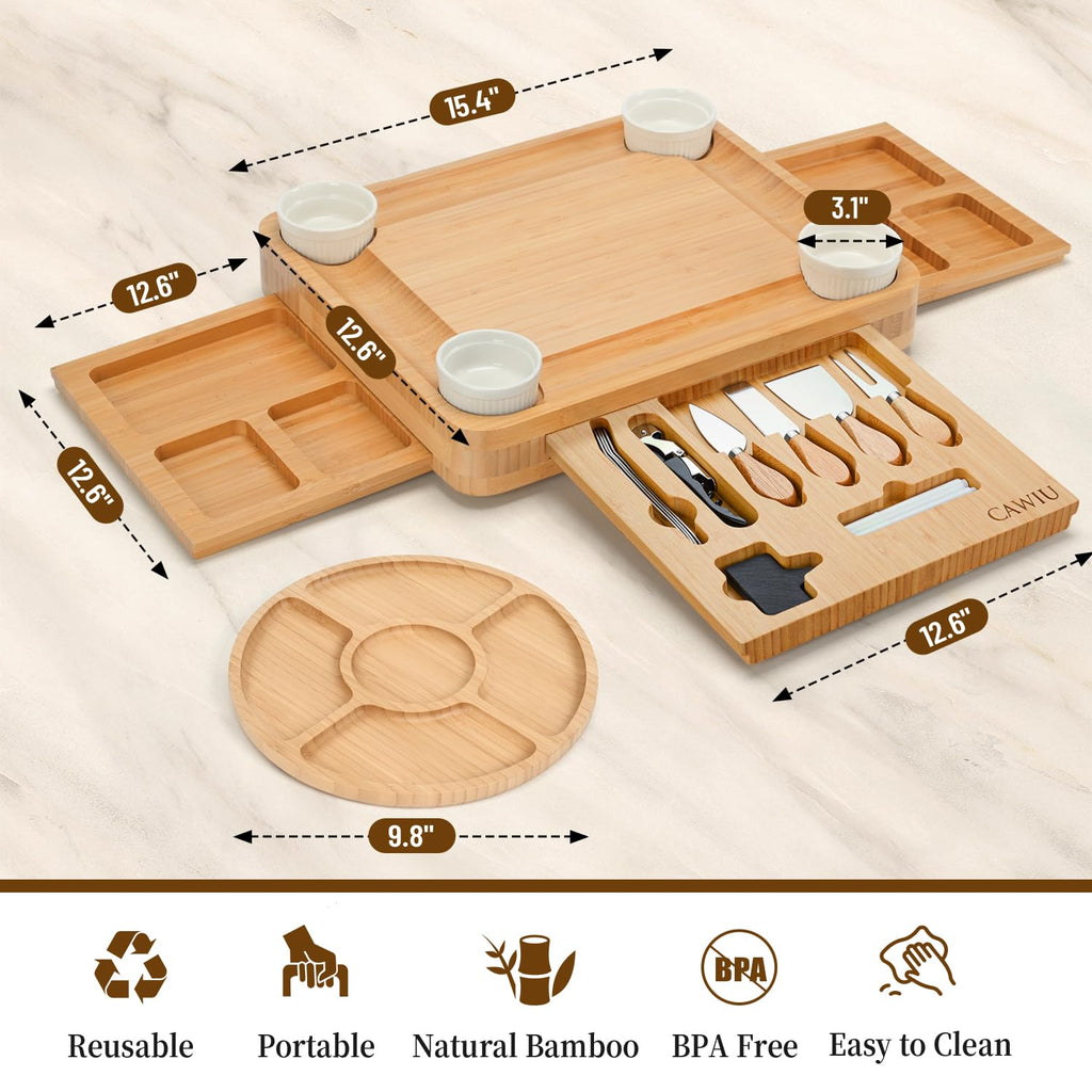 Large Bamboo Charcuterie Board Set with Lid, Drawers, Black