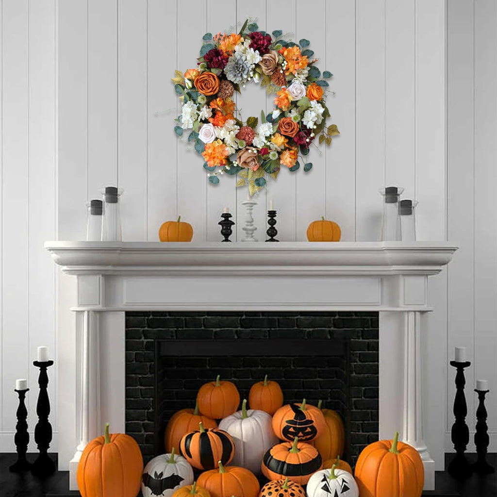24 Inch Fall Wreath for Front Door with Orange Peony and Dahlia Flowers