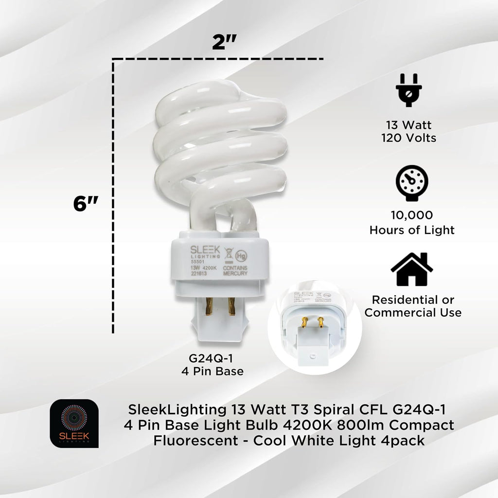 13 Watt T3 Spiral CFL 4 Pin G24Q-1 Base Light Bulb 4200K 800lm - Compact Fluorescent -Warm White Light 4pack