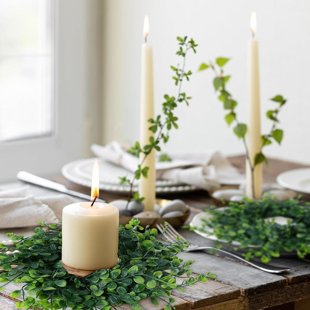 Spring Summer Candle Rings Green Boxwood Wreaths 3 Inch Green Boxwood Candle Rings Pillars Kitchen Cabinet - Set of 4