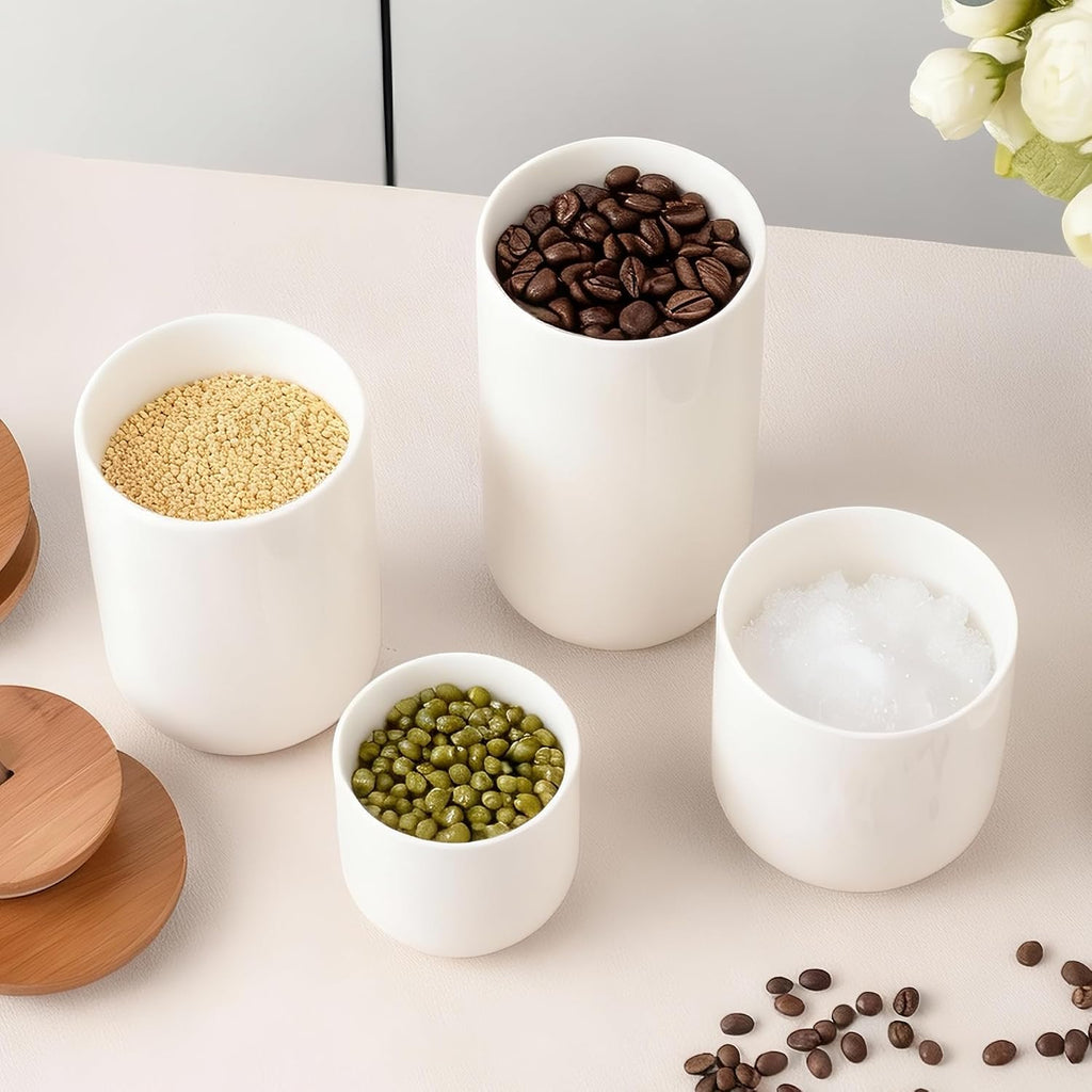 White Ceramic Canister Set with Bamboo Lids, 4-Piece Airtight Food Storage Jars - Flour, Sugar, Coffee, Tea, Spice - Set of 4