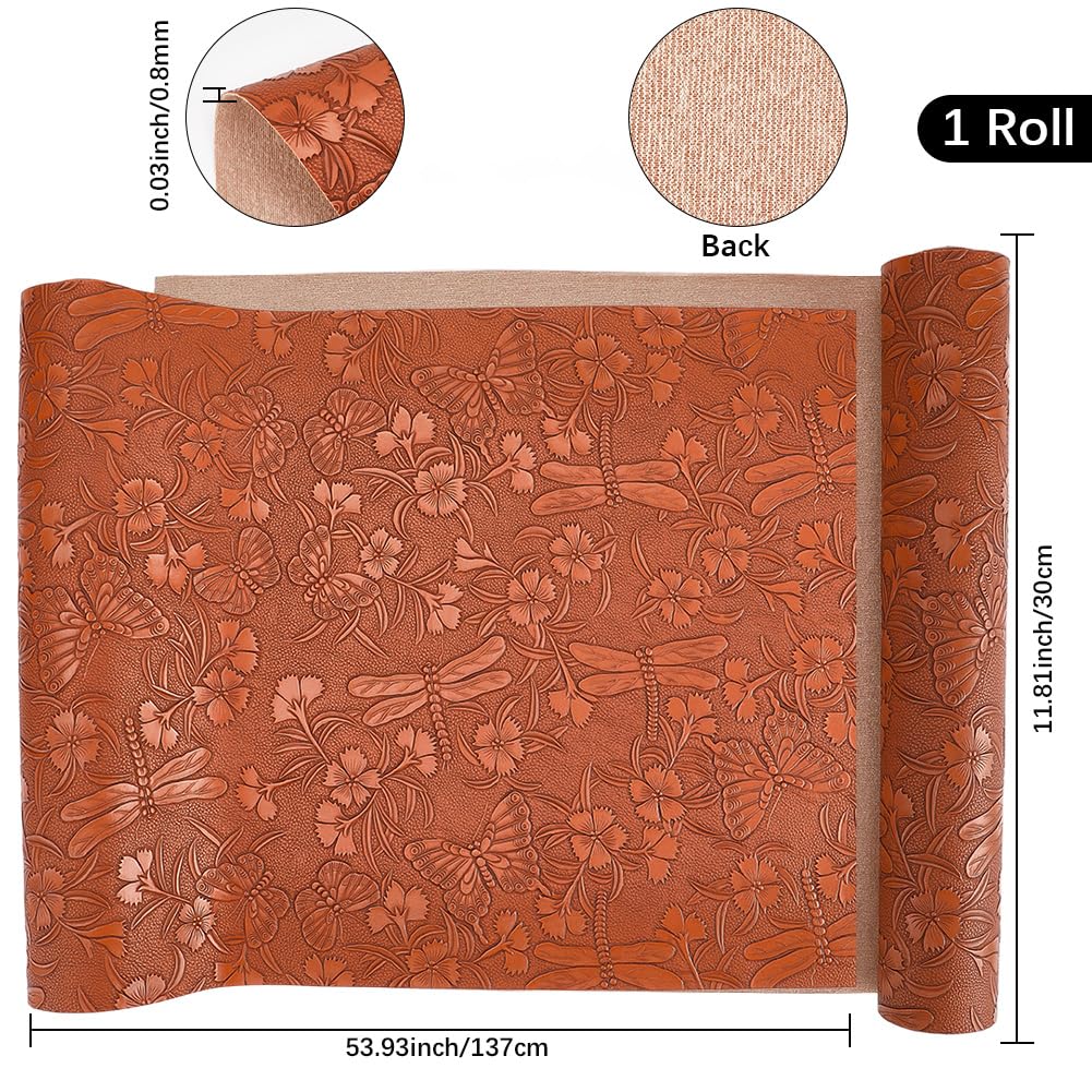 Vintage Floral Pattern Embossed PU Leather Sheet 54×11.9 Inch Textured Solid Color Butterflies Fabric Sheets for DIY