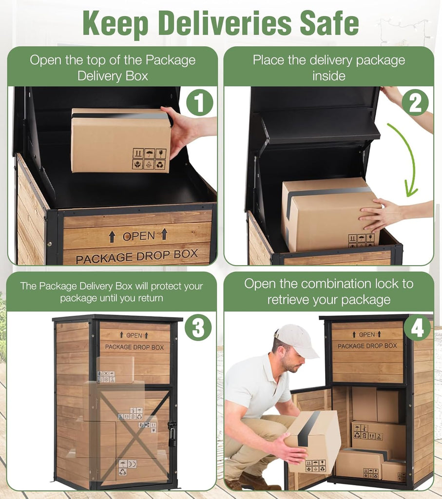Package Delivery Boxes Theft & Weatherproof Solid Wood with Iron Frame, Parcel Drop Box with Combination Lockable