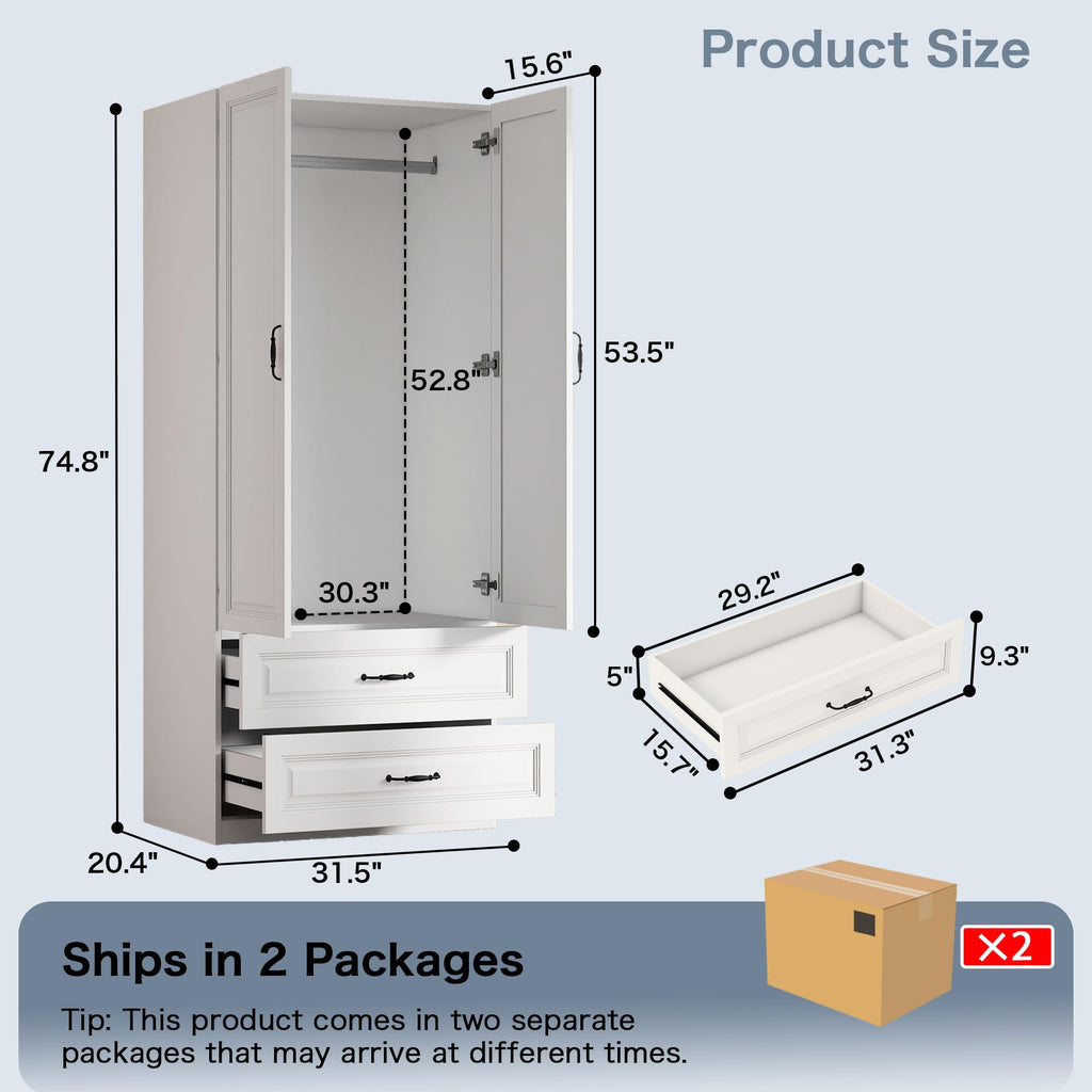 White Armoire Wardrobe Closet with 6 Drawers, 75" H x 95" W Armoire