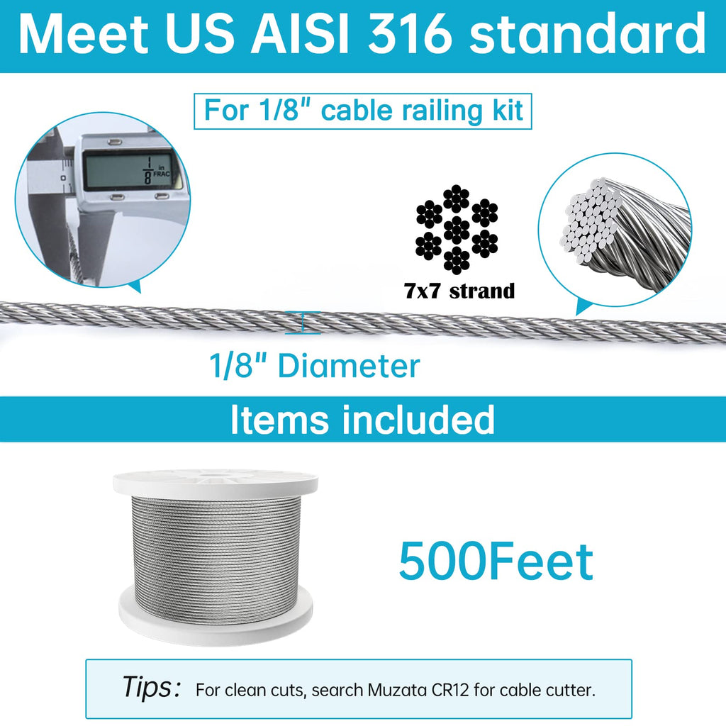 500ft 1/8" T316 Stainless Steel Cable Railing Wire Rope WR02