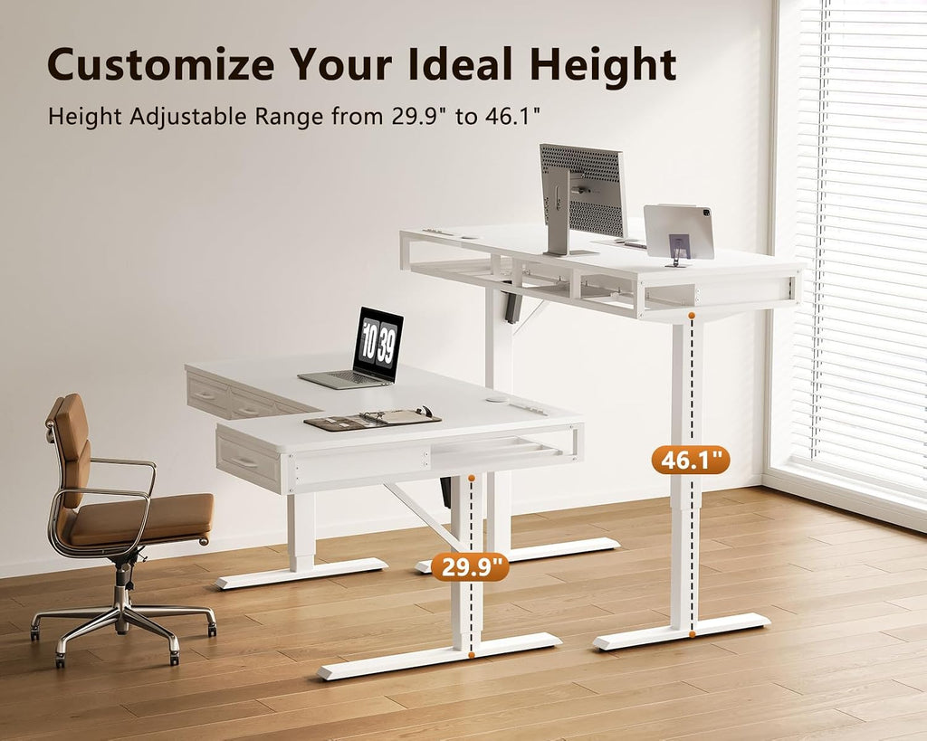 55 Inch L Shaped Standing Desk with 4 Wooden Drawers, White | Reversible Corner Table, Office Table With 4 Wooden