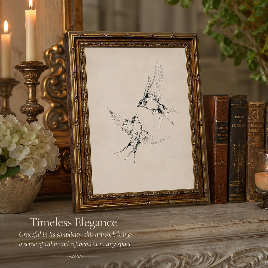 Elegant Flying Swallows Sketch Art, Framed Minimalist Bird Ink Illustration, Retro Cream Background Vintage Gold