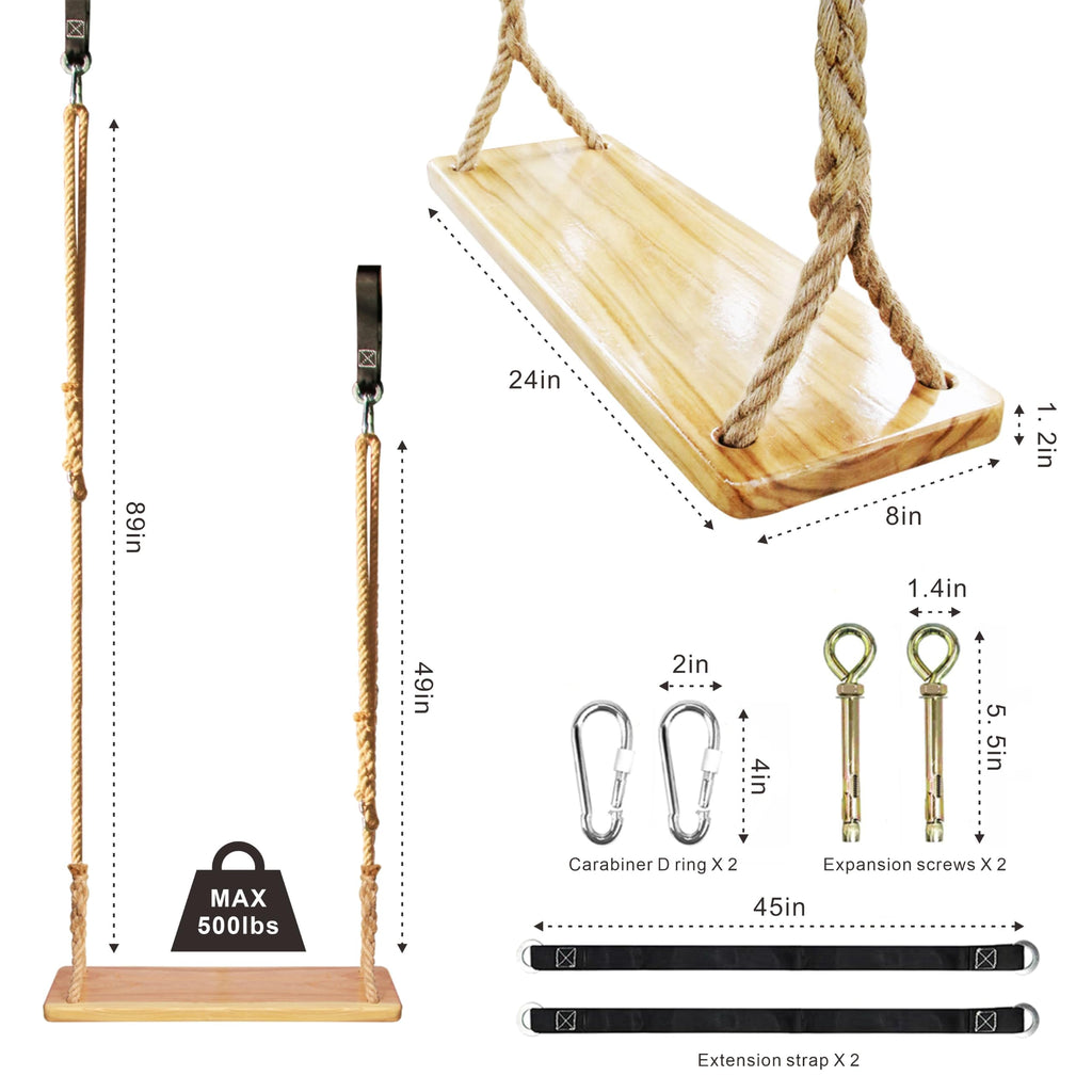 Hanging Wooden Tree Swing with Adjustable Hemp Rope & Tree Straps