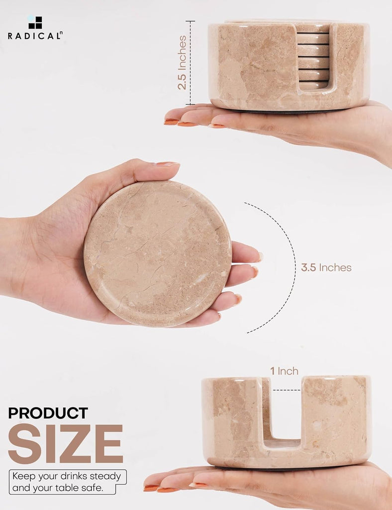 Round Marble Coasters with Holder - Verona Stone 3.5 Inch - Set of 6