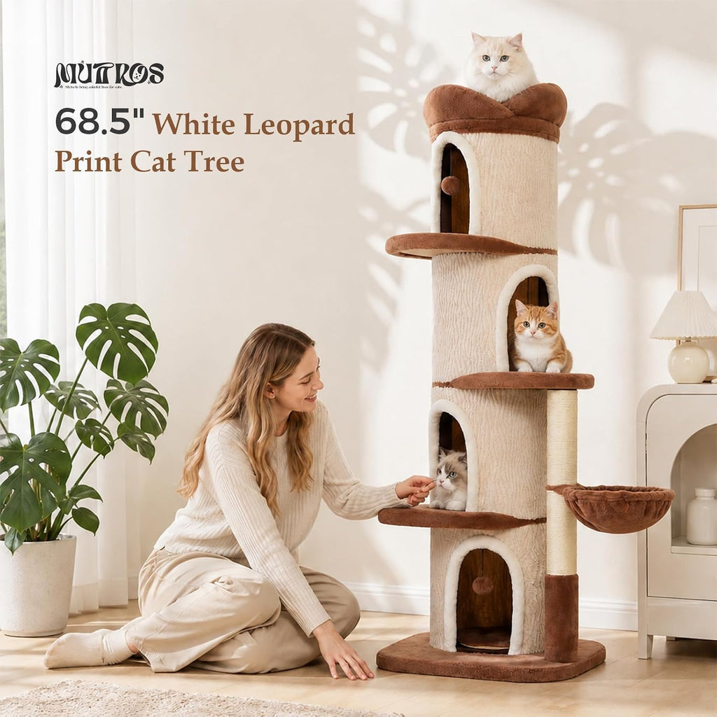 68.5" Modern Cat Tree Tower with 4 Condos & Soft Top Bed, Beige