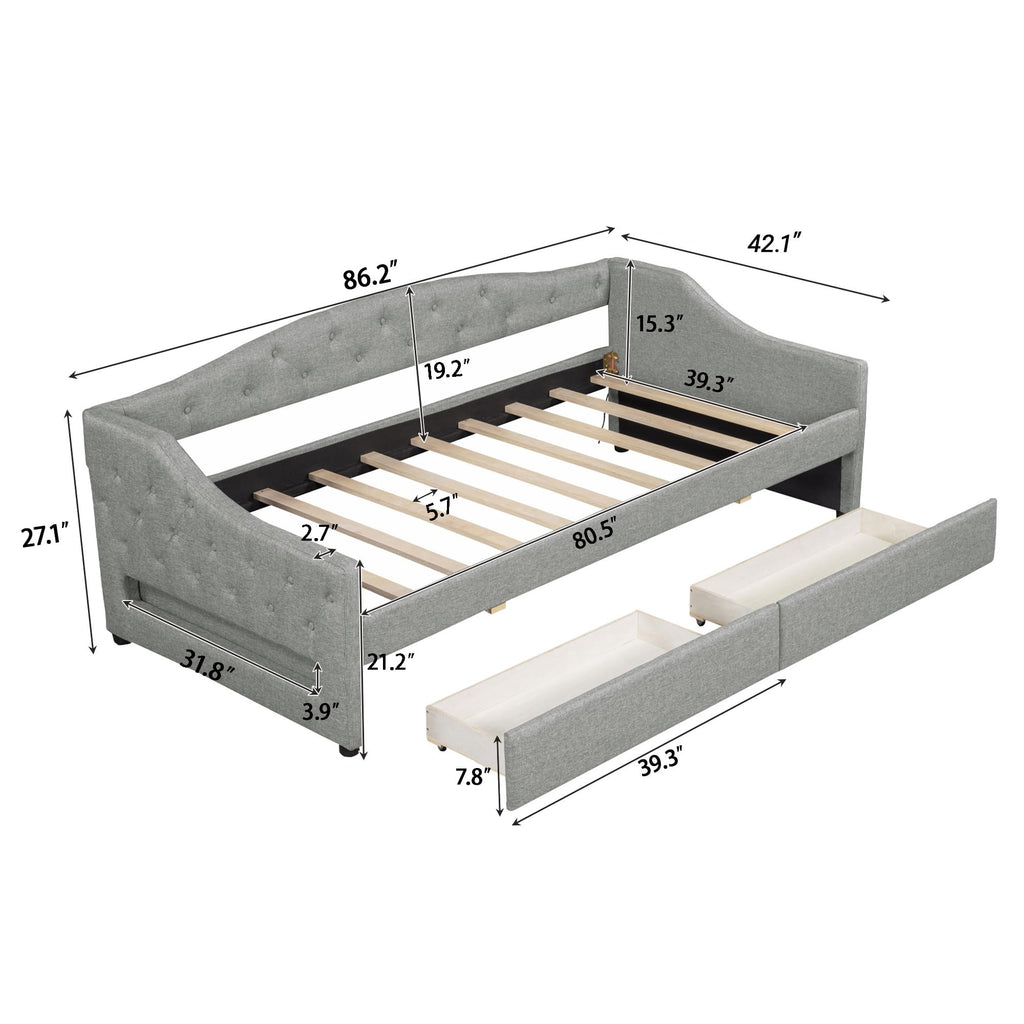 Twin XL Upholstered Daybed with LED Lights, Twin XL Corner Daybed Frame with Drawers, Linen, Light Gray