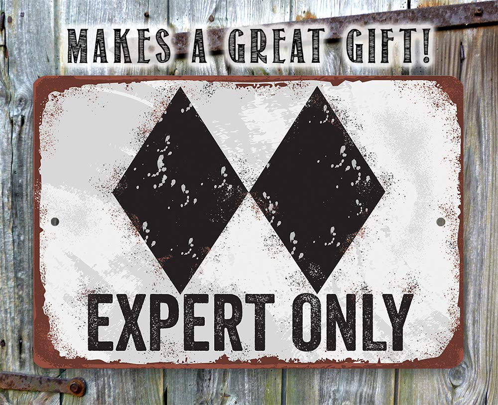 Ski Sign - "Expert Only Double Black" Light Weight Metal Wall Art - Ski Lodge, Cabin, or Condo Décor