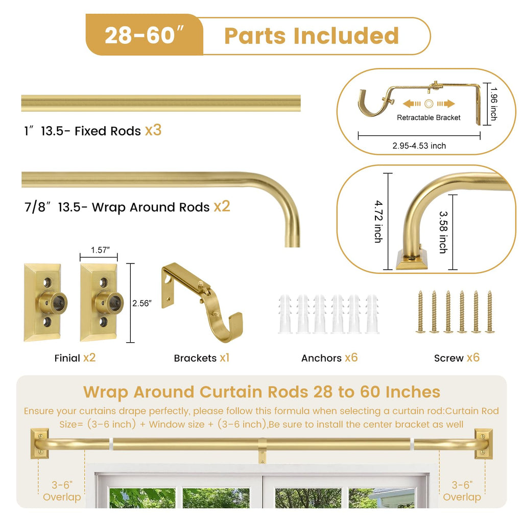 Wrap Around Blackout Curtain Rods, 1" Heavy Duty 28-60", Brushed Gold