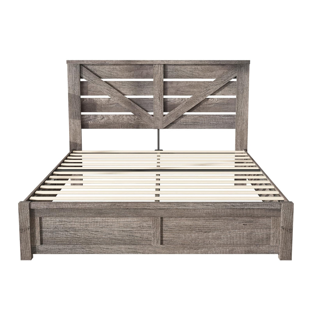 Farmhouse Bed Frame with 49.2"Barn Door Headboard, Gray