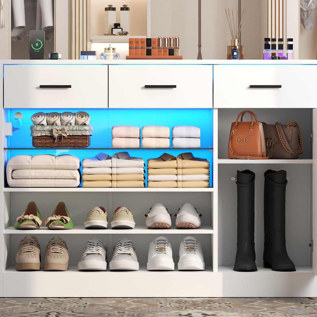 Wardrobe Armoire Closet with Charging & LED Light, Closet Island Dresser