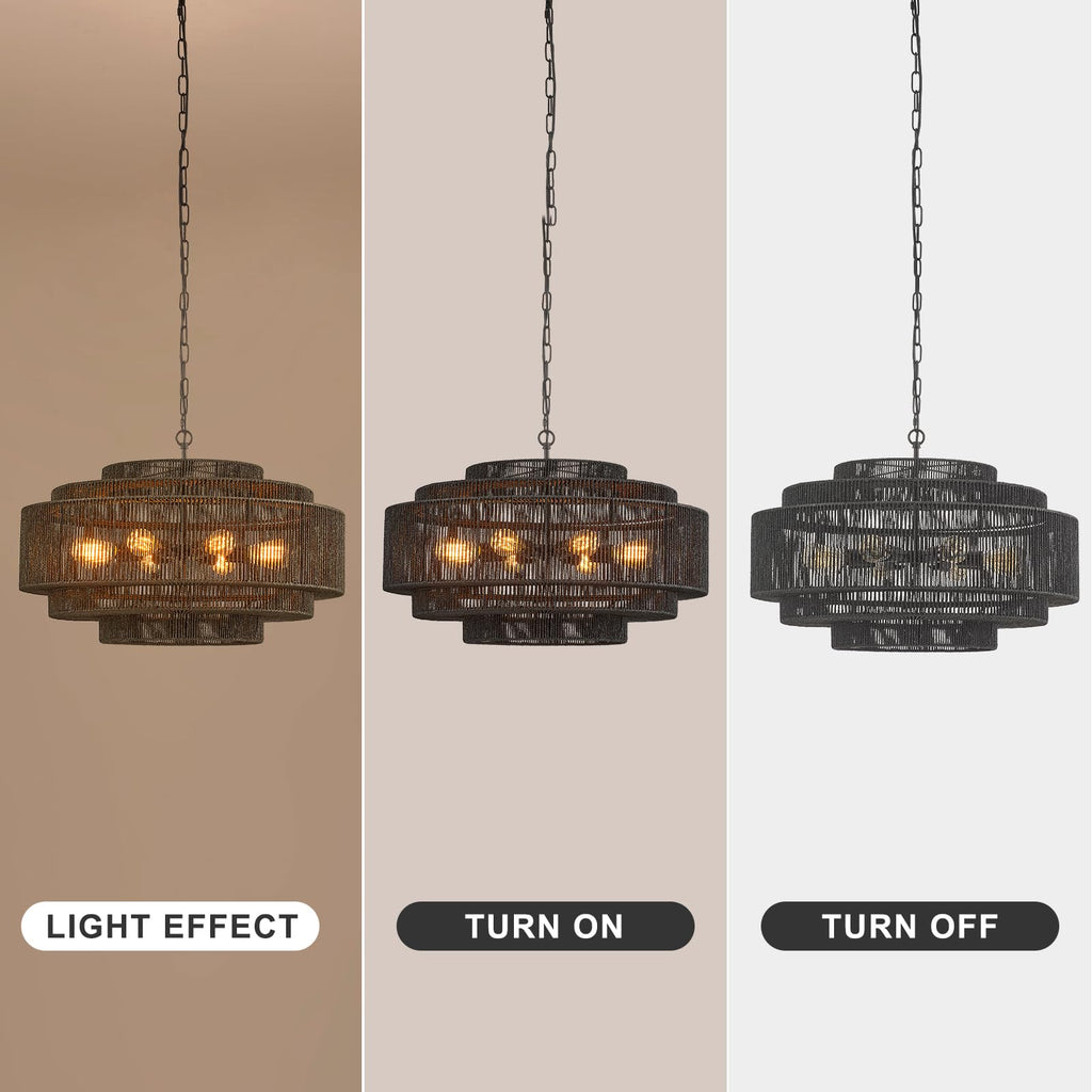 31.5" Large Black Rattan Chandelier, 8-Light Drum Light Fixture
