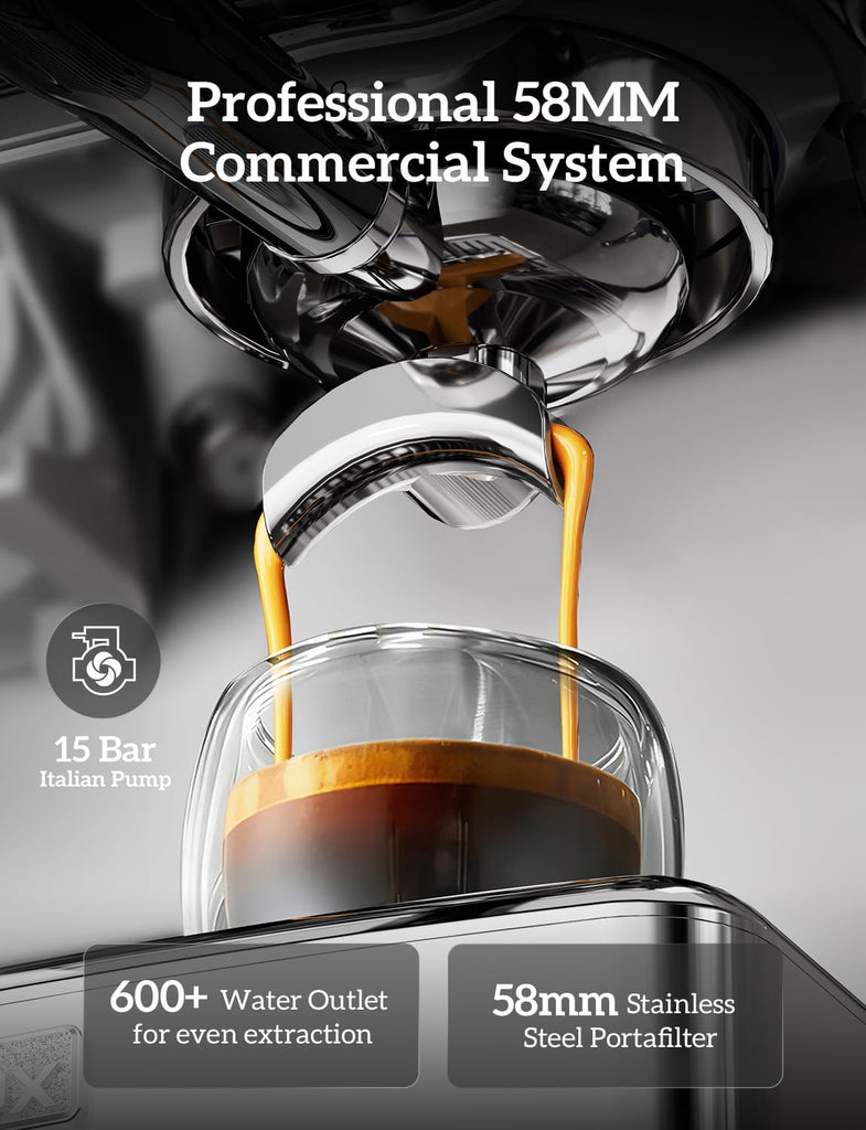 Compact Espresso Machine with Grinder, 5 Temp 205°F Max