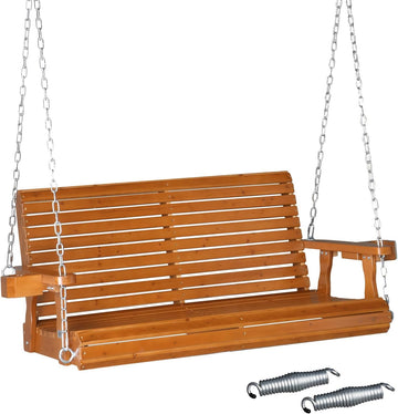 XL 4 FT Pro Wooden Porch Swing with Cup Holders, 880 LBS, Brown | Heavy-Duty Wood Frame; 880-Lb Capacity; Cup Holders