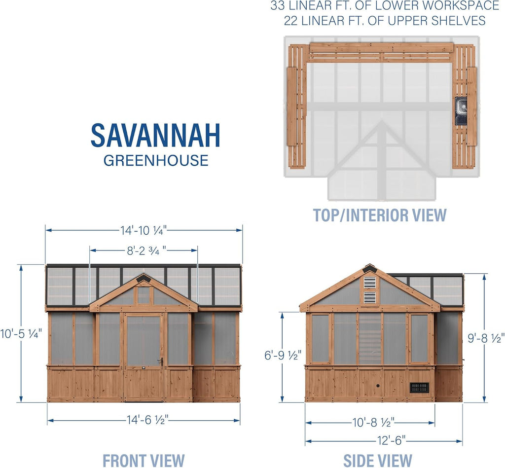 Discovery Savannah Chalet-Style 14.5' x 12' Cedar and Polycarbonate Walk-In Greenhouse Kit with Sink, Exhaust Fans