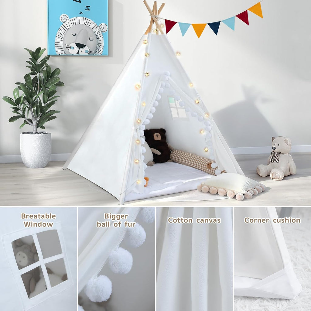 Teepee Tent for Kids with Padded Mat Cotton Canvas Kids Teepee with Pompom for Toddlers Indoor Play Tent for Girls