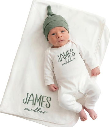 Linkababy Personalized Baby Boy Coming Home Outfit, 100% Cotton Embroidered Romper, Hat, Blanket, Baby Showers