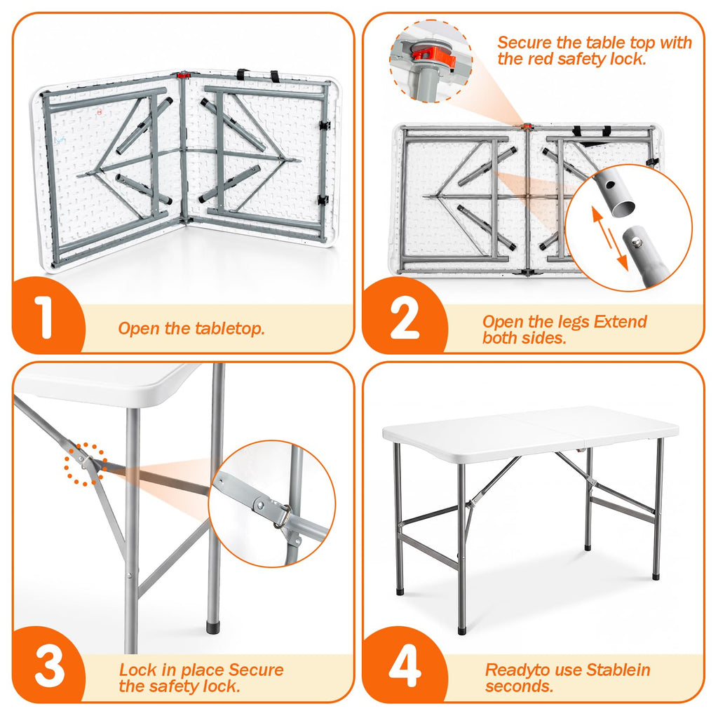 4FT Portable Folding Table, White Square Card Table with Carrying Handle & No Assembly, Slim Folding Table Built in