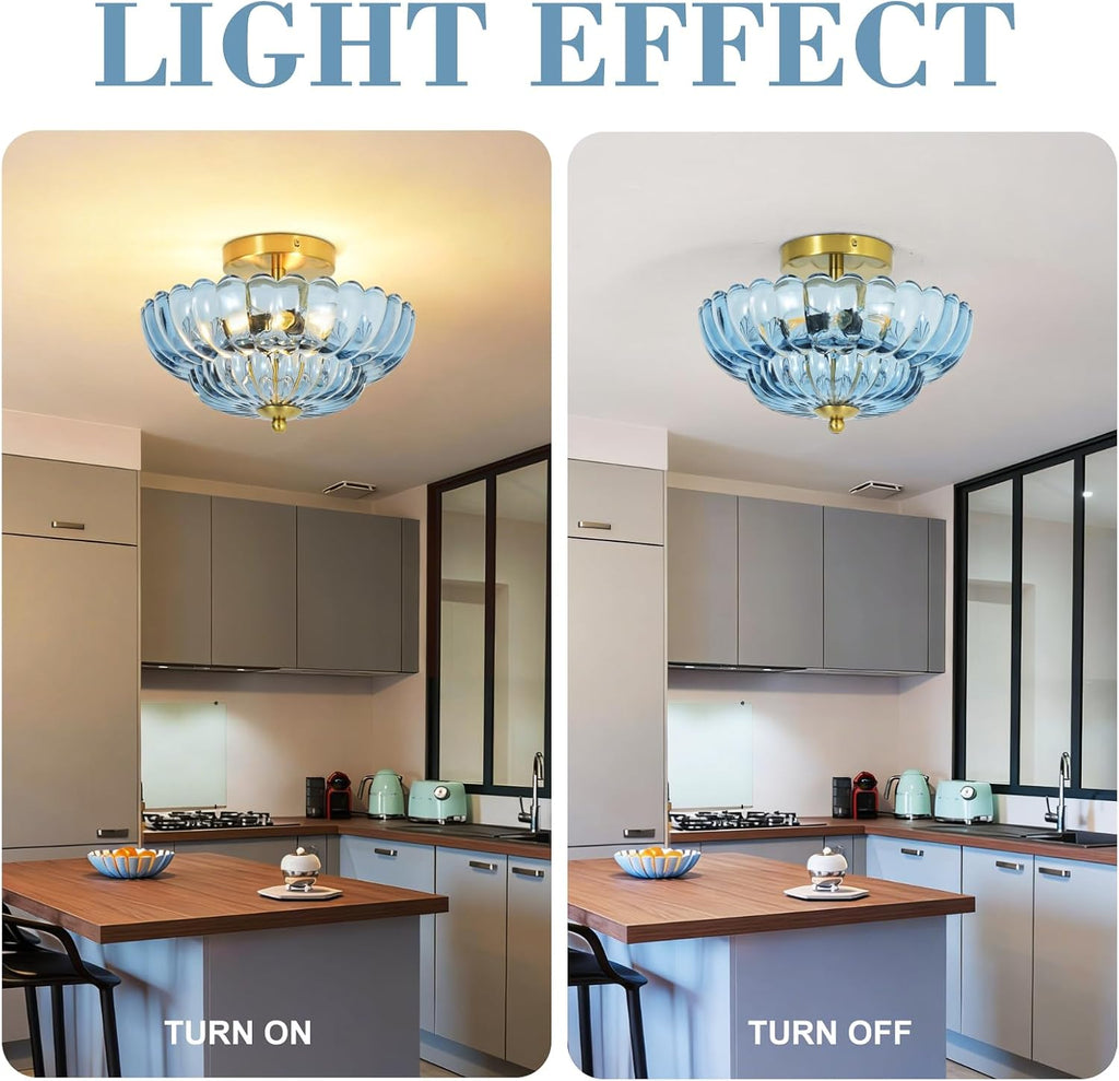 3-Light 12 Inch Blue Semi Flush Mount Ceiling Light | Modern Flush Mount Ceiling Light with Flower Glass Shade