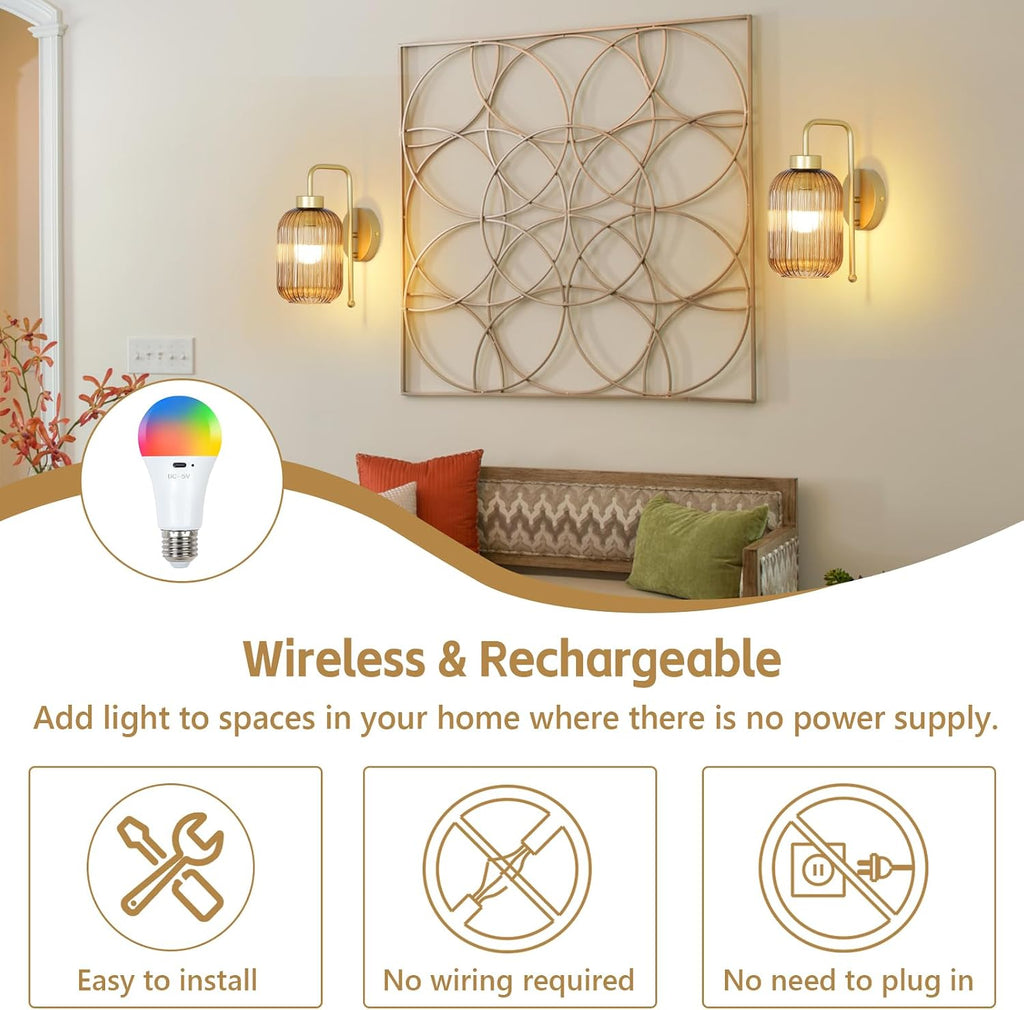 Vintage Gold Wireless Wall Sconces Battery Operated, Rechargeable Wall Lights Set of 2 with Amber Stripe Glass Shade