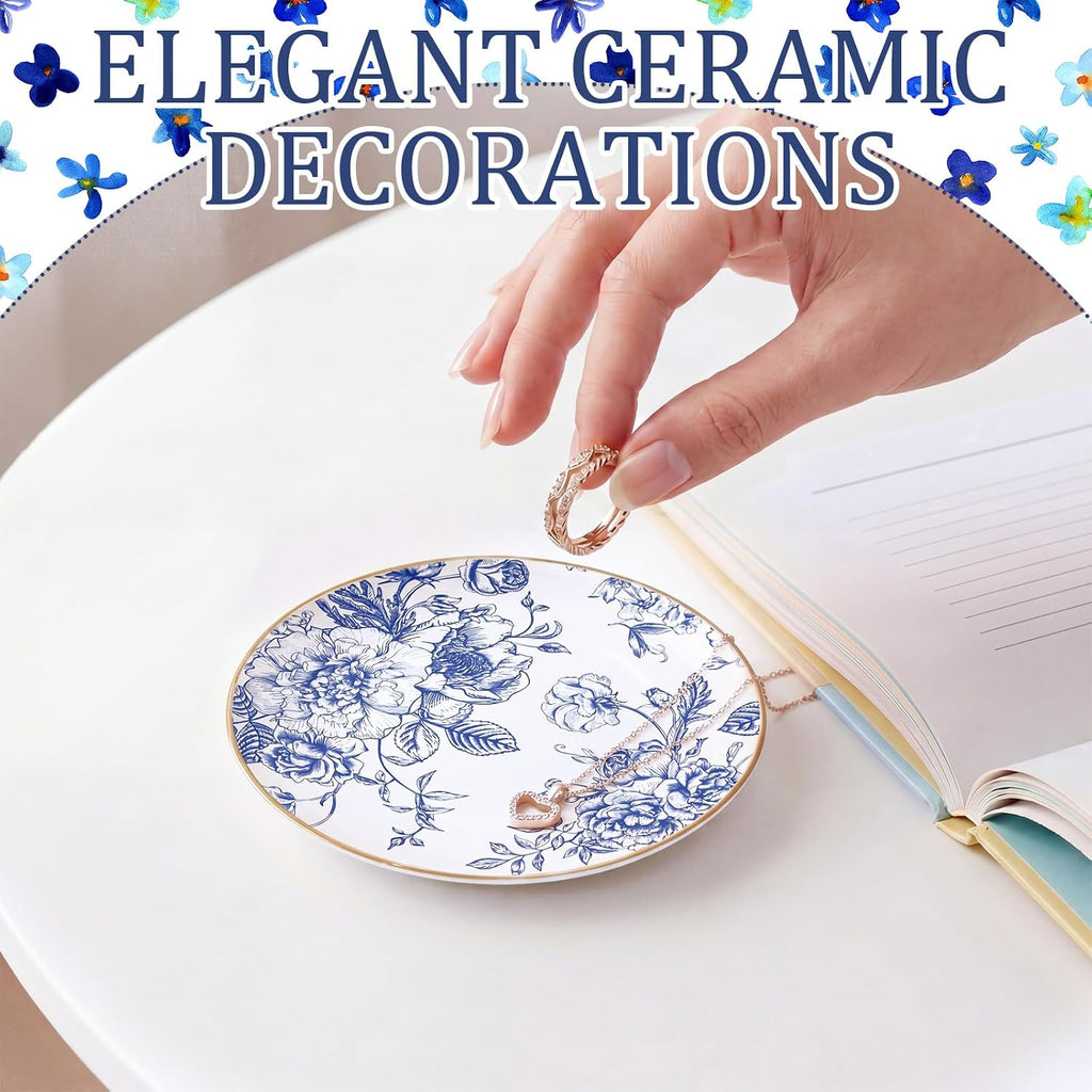 Floral Ceramic Jewelry Tray Ring Holder Trinket Dish for Rings Earrings Necklaces Tray Gift for Women Girls (Blue)